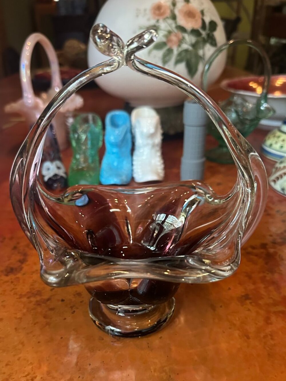 Vintage Murano-style hand-blown art glass basket